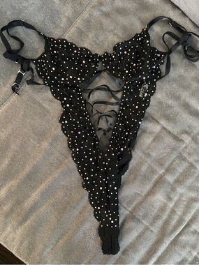 Black Lace Rhinestone Strappy Teddy Bodysuit